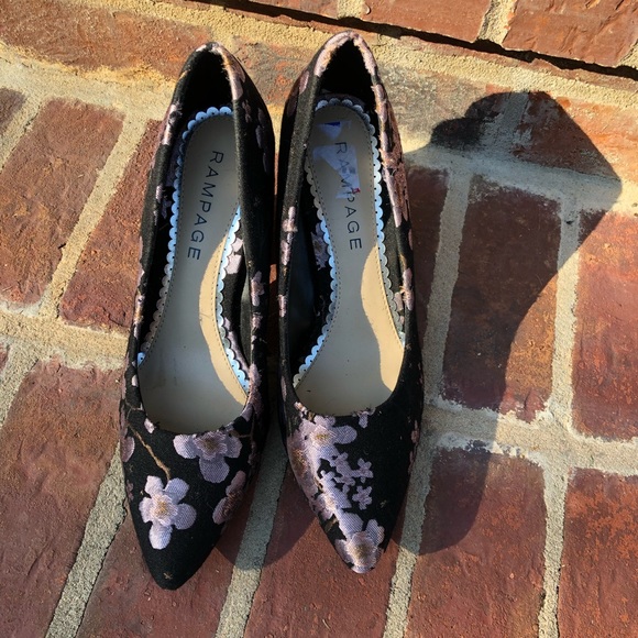 Rampage "Bethie" Floral Print Pointy Toe Pumps Block Heel Purple Black 10 - Picture 3 of 11